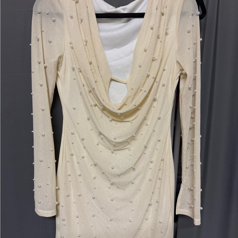 Elegant Cream Pearl-Embellished Dress